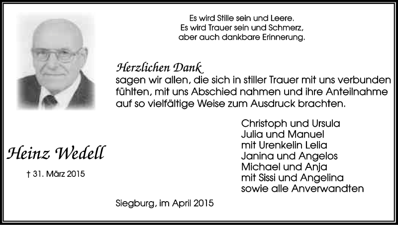  Traueranzeige für Heinz Wedell vom 25.04.2015 aus Kölner Stadt-Anzeiger / Kölnische Rundschau / Express