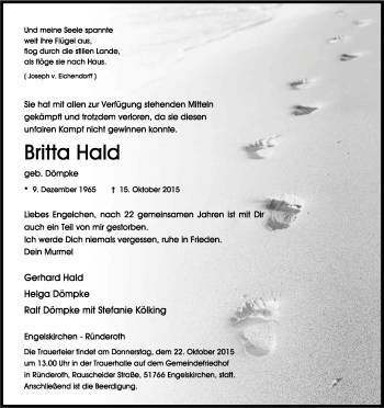 Anzeige von Britta Hald von Kölner Stadt-Anzeiger / Kölnische Rundschau / Express