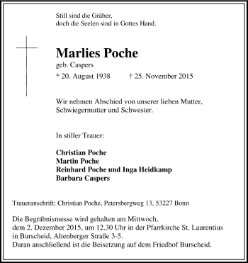 Anzeige von Marlies Poche von Kölner Stadt-Anzeiger / Kölnische Rundschau / Express
