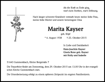 Anzeige von Marita Kayser von Kölner Stadt-Anzeiger / Kölnische Rundschau / Express