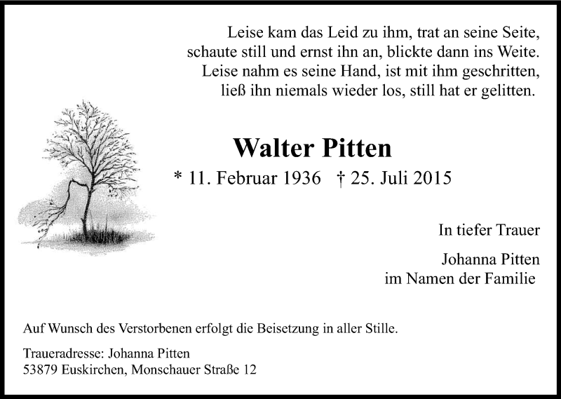 Traueranzeige für Walter Pitten vom 05.08.2015 aus Kölner Stadt-Anzeiger / Kölnische Rundschau / Express