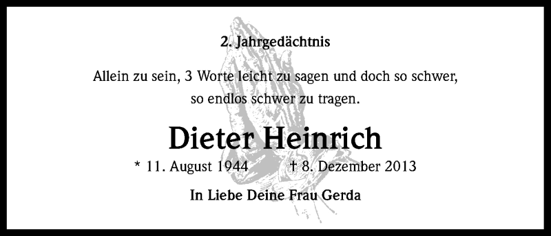  Traueranzeige für Dieter Heinrich vom 08.12.2015 aus Kölner Stadt-Anzeiger / Kölnische Rundschau / Express
