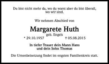 Anzeige von Margarete Huth von Kölner Stadt-Anzeiger / Kölnische Rundschau / Express