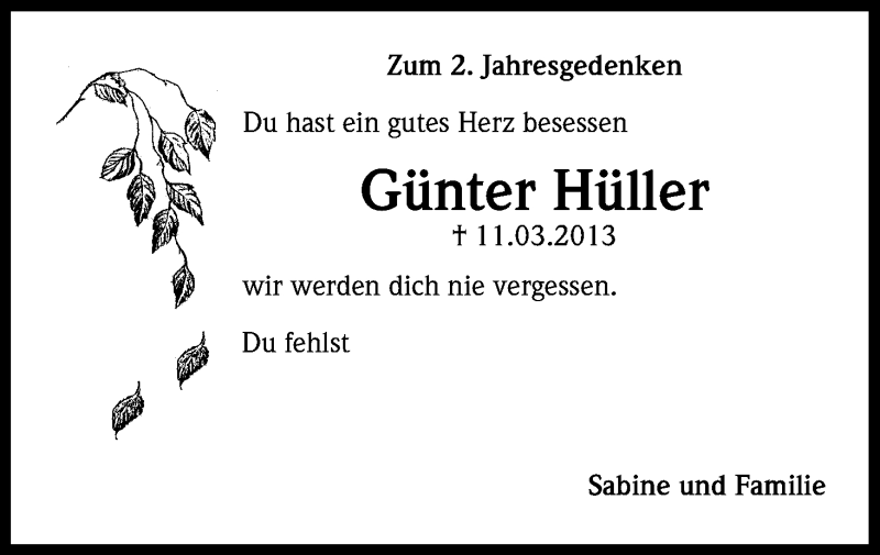  Traueranzeige für Günter Hüller vom 11.03.2015 aus Kölner Stadt-Anzeiger / Kölnische Rundschau / Express