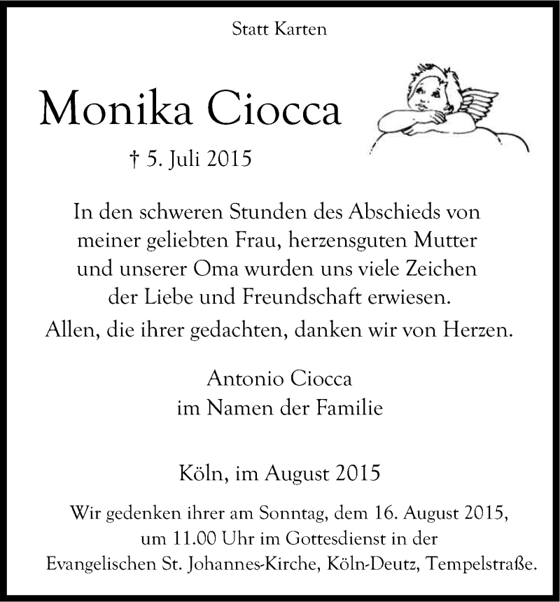  Traueranzeige für Monica Ciocca vom 15.08.2015 aus Kölner Stadt-Anzeiger / Kölnische Rundschau / Express