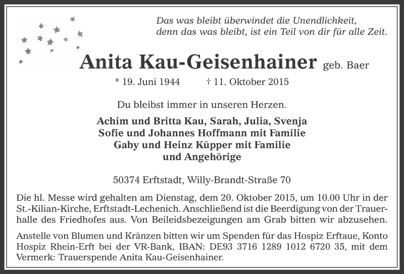  Traueranzeige für Anita Kau-Geisenhainer vom 14.10.2015 aus  Werbepost 