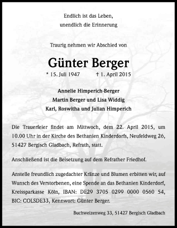 Anzeige von Günter Berger von Kölner Stadt-Anzeiger / Kölnische Rundschau / Express