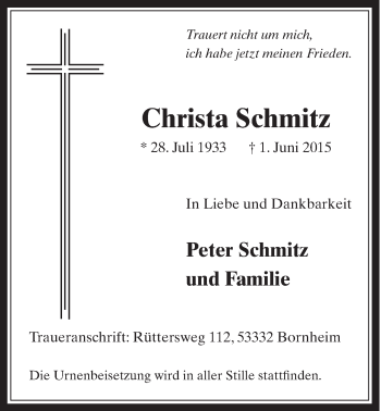 Anzeige von Christa Schmitz von  Schlossbote/Werbekurier 