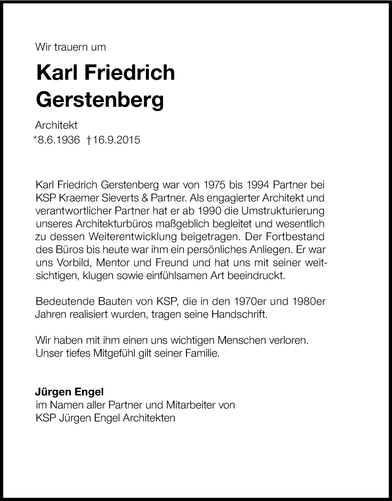  Traueranzeige für Karl Friedrich Gerstenberg vom 26.09.2015 aus Kölner Stadt-Anzeiger / Kölnische Rundschau / Express