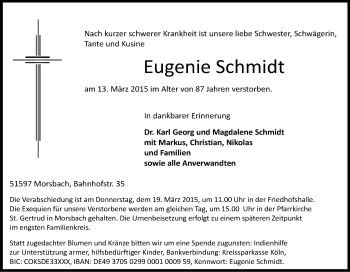 Anzeige von Eugenie Schmidt von Kölner Stadt-Anzeiger / Kölnische Rundschau / Express