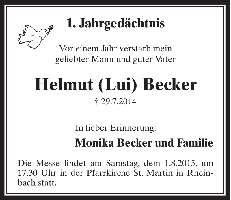 Traueranzeige für Helmut  Becker vom 29.07.2015 aus  Schaufenster/Blickpunkt 
