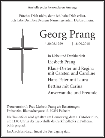Anzeige von Georg Prang von  Sonntags-Post 