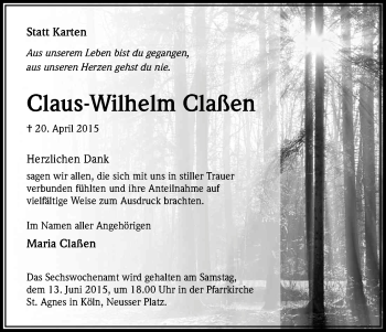 Anzeige von Claus-Wilhelm Claßen von Kölner Stadt-Anzeiger / Kölnische Rundschau / Express