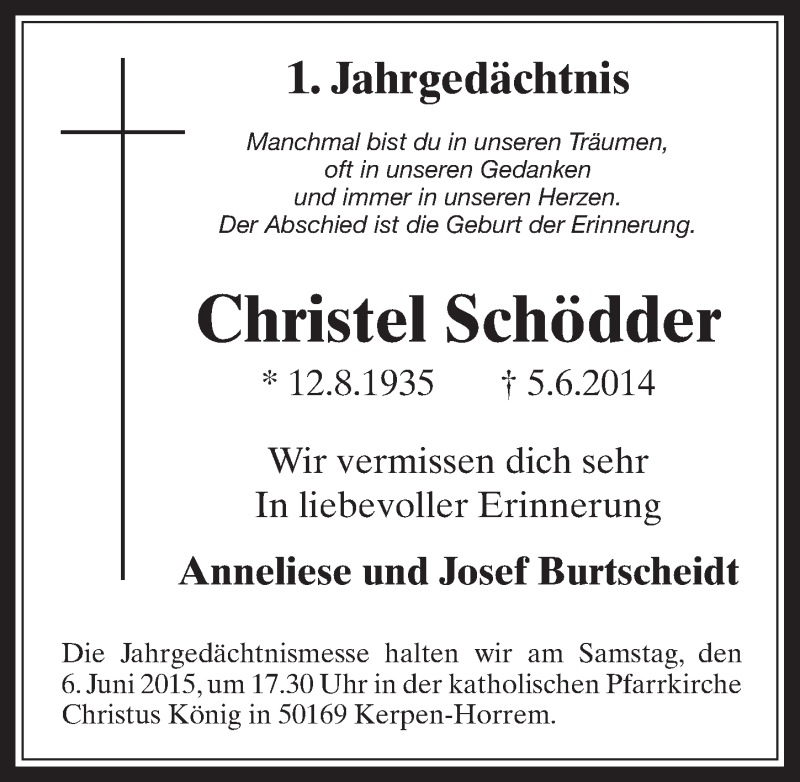  Traueranzeige für Christel Schödder vom 03.06.2015 aus  Werbepost 