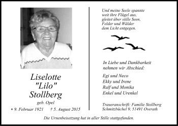 Anzeige von Liselotte Stollberg von Kölner Stadt-Anzeiger / Kölnische Rundschau / Express