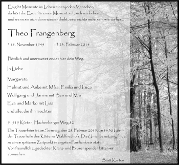 Anzeige von Theo Frangenberg von Kölner Stadt-Anzeiger / Kölnische Rundschau / Express