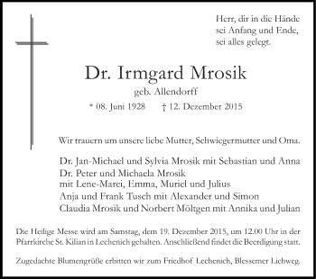 Anzeige von Irmgard Mrosik von Kölner Stadt-Anzeiger / Kölnische Rundschau / Express