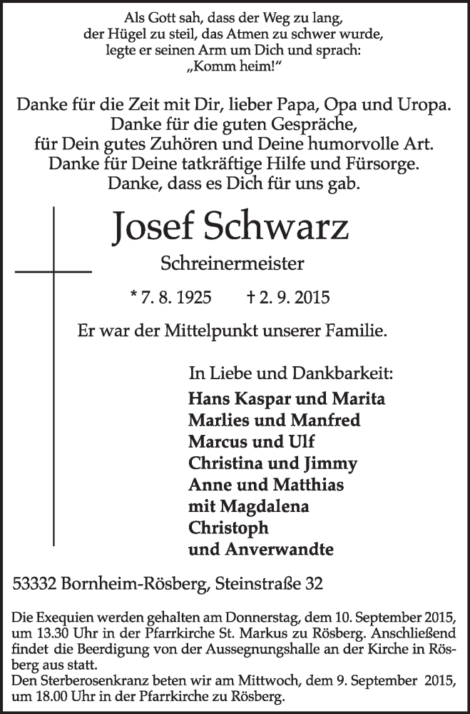  Traueranzeige für Josef Schwarz vom 09.09.2015 aus  Schlossbote/Werbekurier 