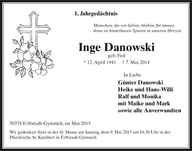  Traueranzeige für Inge Danowski vom 06.05.2015 aus  Werbepost 