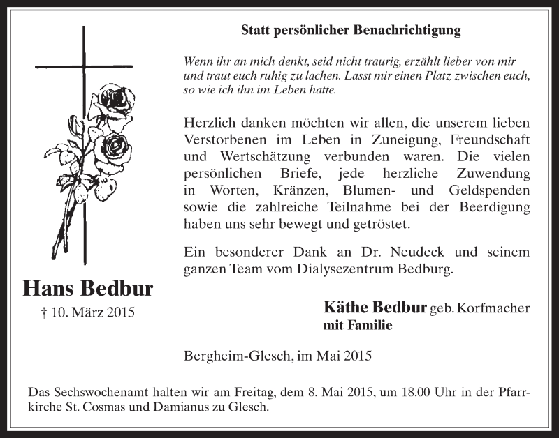  Traueranzeige für Hans Bedbur vom 06.05.2015 aus  Werbepost 