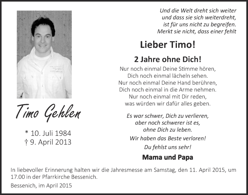  Traueranzeige für Timo Gehlen vom 05.04.2015 aus  Blickpunkt Euskirchen 