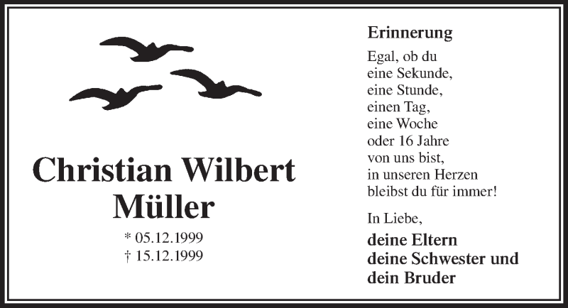  Traueranzeige für Christian Wilbert Müller vom 16.12.2015 aus  Bergisches Handelsblatt 