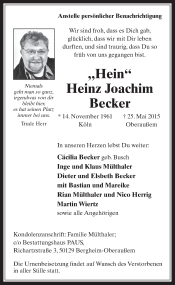 Anzeige von Heinz Joachim Becker von  Werbepost 