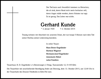 Anzeige von Gerhard Kunde von Kölner Stadt-Anzeiger / Kölnische Rundschau / Express