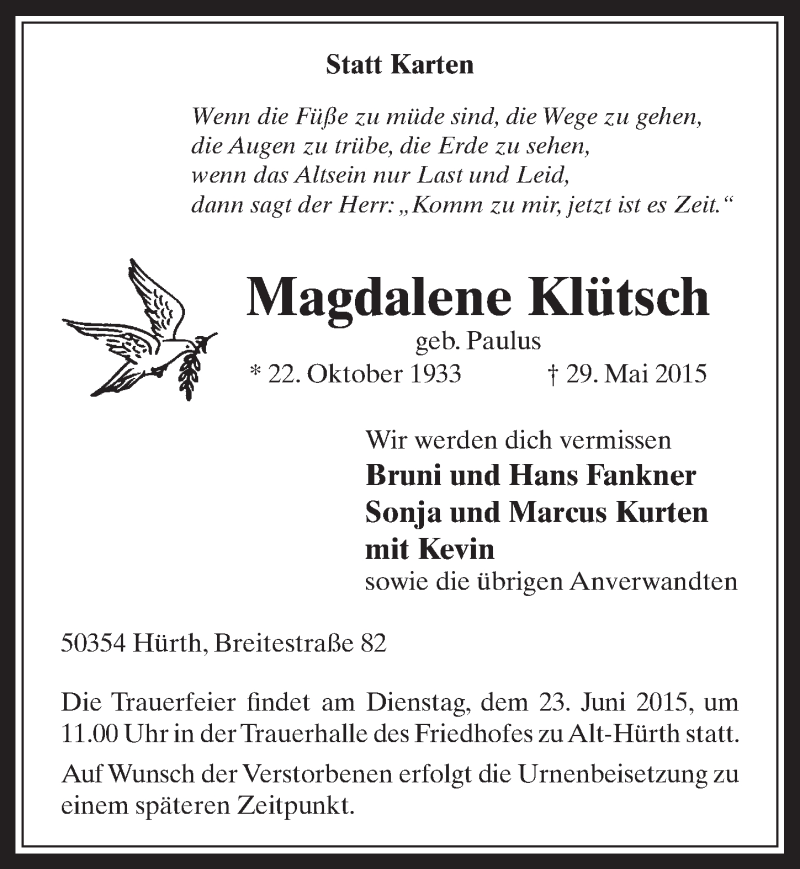  Traueranzeige für Magdalene Klütsch vom 10.06.2015 aus  Wochenende 