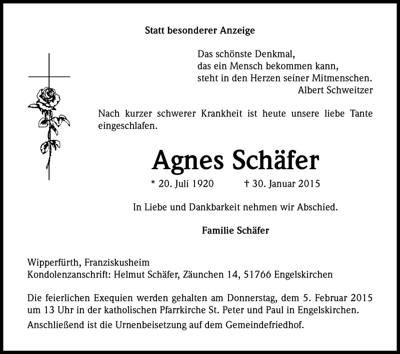  Traueranzeige für Agnes Schäfer vom 04.02.2015 aus Kölner Stadt-Anzeiger / Kölnische Rundschau / Express