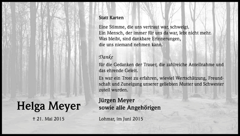  Traueranzeige für Helga Meyer vom 20.06.2015 aus Kölner Stadt-Anzeiger / Kölnische Rundschau / Express