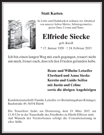 Anzeige von Elfriede Siecke von  Wochenende 
