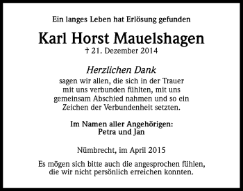 Anzeige von Karl Horst Mauelshagen von Kölner Stadt-Anzeiger / Kölnische Rundschau / Express
