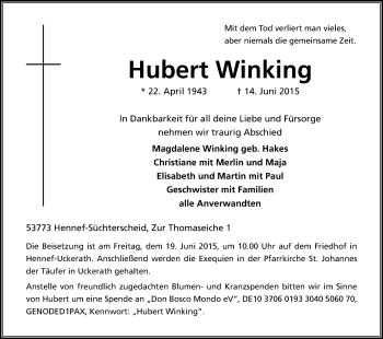 Anzeige von Hubert Winking von Kölner Stadt-Anzeiger / Kölnische Rundschau / Express