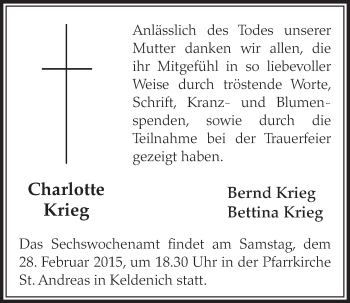 Anzeige von Charlotte Krieg von  Schlossbote/Werbekurier 