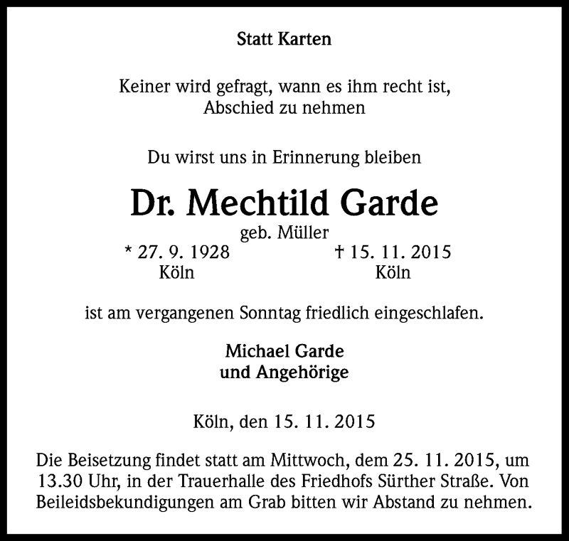 Traueranzeige für Mechtild Garde vom 21.11.2015 aus Kölner Stadt-Anzeiger / Kölnische Rundschau / Express