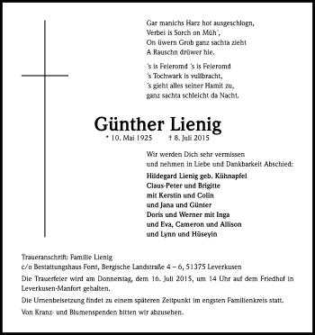 Anzeige von Günther Lienig von Kölner Stadt-Anzeiger / Kölnische Rundschau / Express