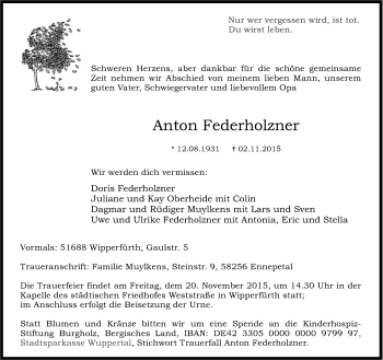 Anzeige von Anton Federholzner von Köln - Wir Trauern