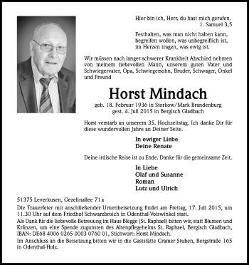Anzeige von Horst Mindach von Kölner Stadt-Anzeiger / Kölnische Rundschau / Express