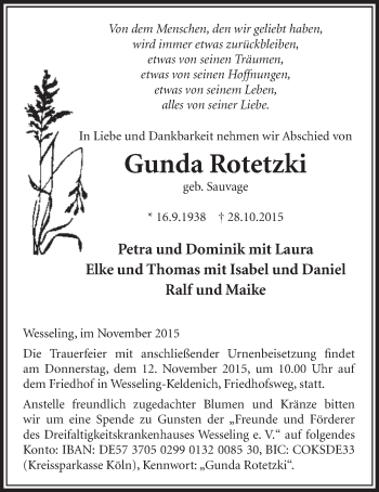 Anzeige von Gunda Rotetzki von  Schlossbote/Werbekurier 