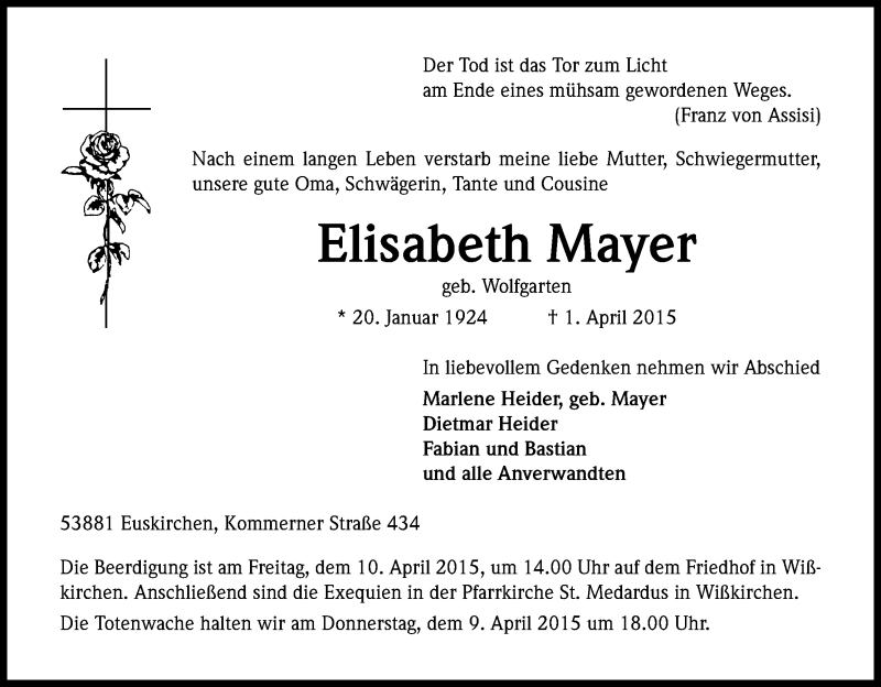  Traueranzeige für Elisabeth Mayer vom 04.04.2015 aus Kölner Stadt-Anzeiger / Kölnische Rundschau / Express