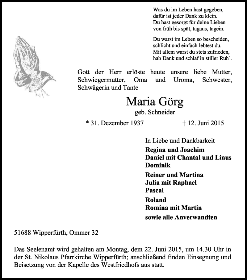  Traueranzeige für Maria Görg vom 17.06.2015 aus Kölner Stadt-Anzeiger / Kölnische Rundschau / Express