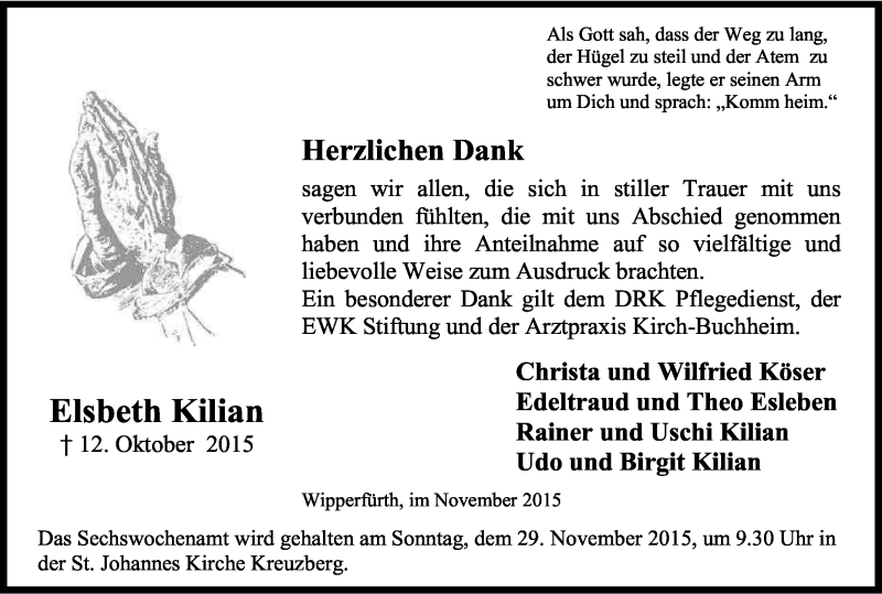  Traueranzeige für Elsbeth Kilian vom 21.11.2015 aus Kölner Stadt-Anzeiger / Kölnische Rundschau / Express