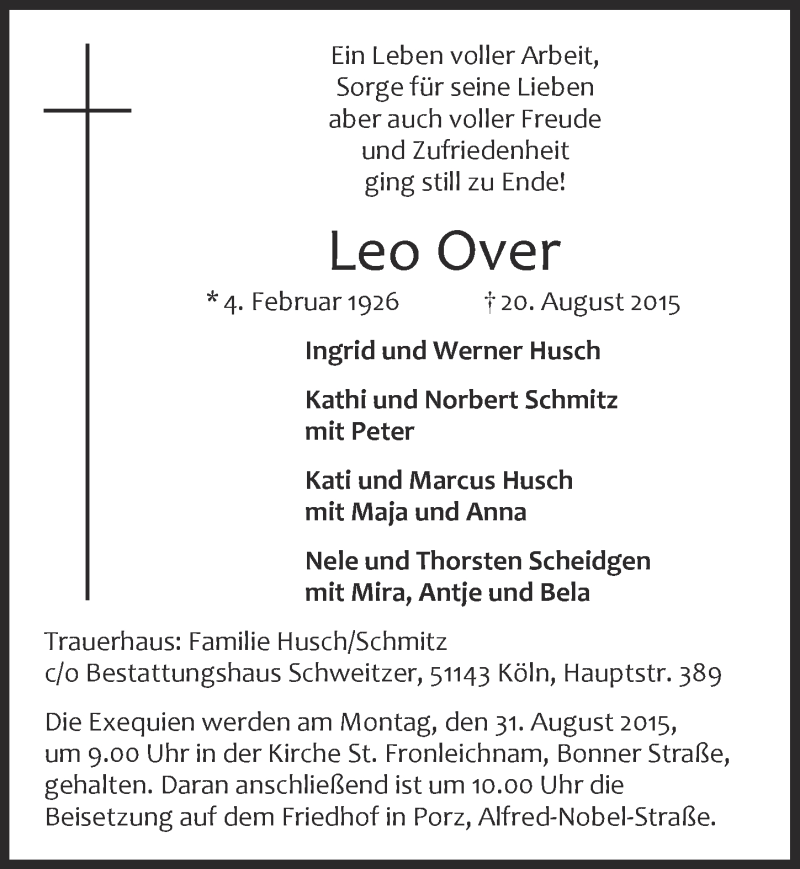  Traueranzeige für Leo Over vom 26.08.2015 aus  Kölner Wochenspiegel 