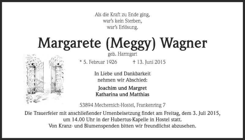  Traueranzeige für Margarete Wagner vom 28.06.2015 aus  Blickpunkt Euskirchen 