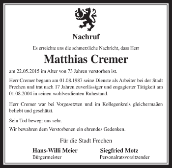 Anzeige von Matthias Cremer von  Wochenende 