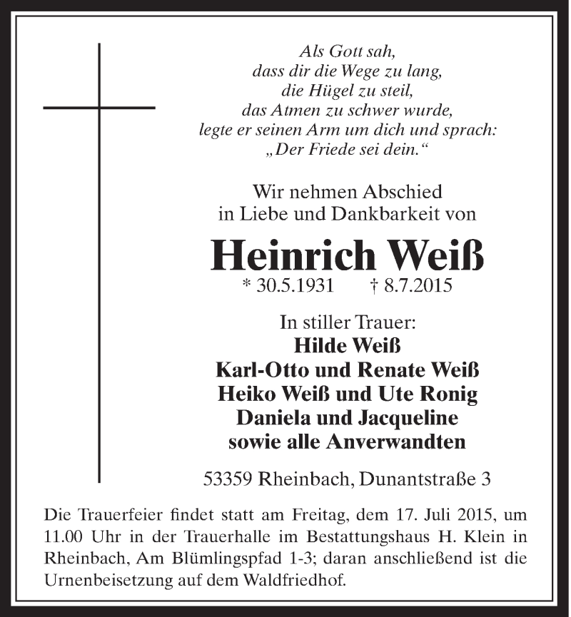  Traueranzeige für Heinrich Weiß vom 15.07.2015 aus  Schaufenster/Blickpunkt 
