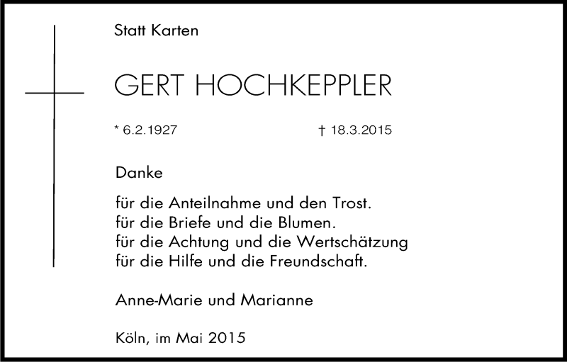  Traueranzeige für Gert Hochkeppler vom 23.05.2015 aus Kölner Stadt-Anzeiger / Kölnische Rundschau / Express