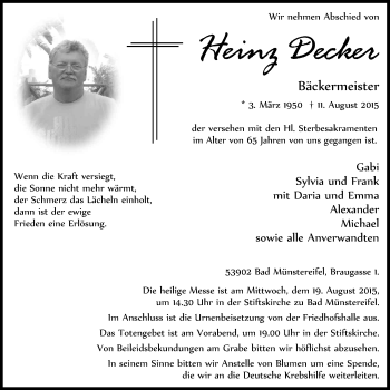 Anzeige von Heinz Decker von Kölner Stadt-Anzeiger / Kölnische Rundschau / Express
