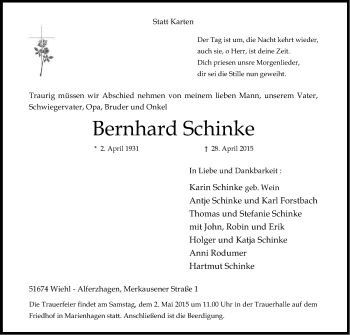 Anzeige von Bernhard Schinke von Kölner Stadt-Anzeiger / Kölnische Rundschau / Express